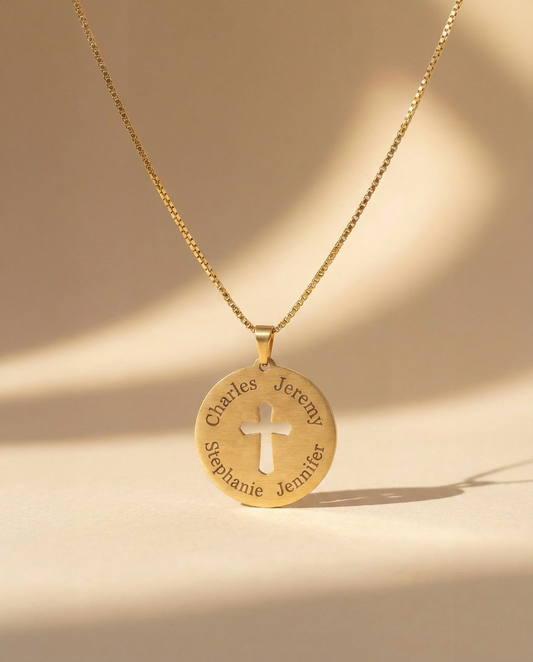 Round Cross Necklace with Names