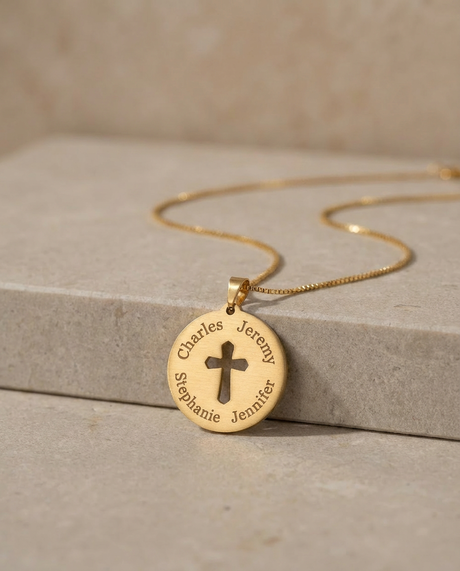 Round Cross Necklace with Names