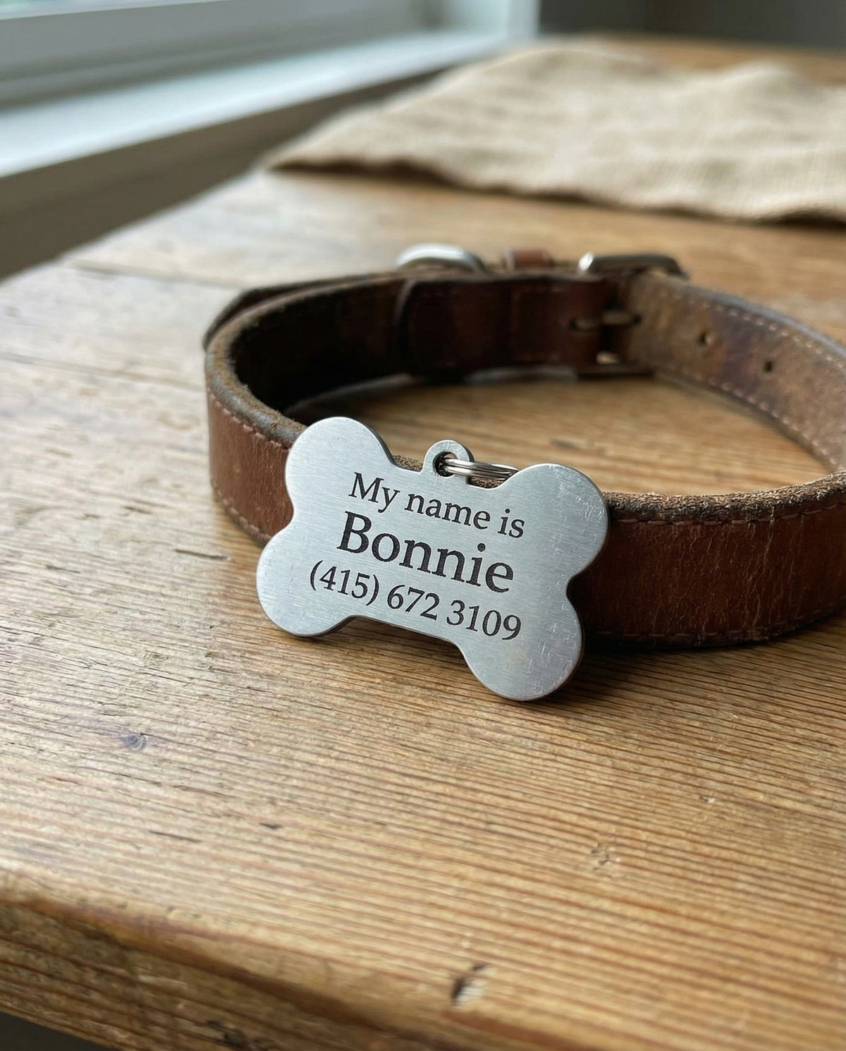 Engraved Name & Phone Bone Tag